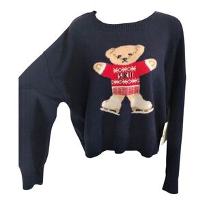 Dark Navy blue brown teddy bear Ski printed long sleeve sweater size large‎ new